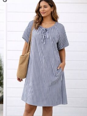 NLT Navy Blue & White Striped Cotton Shift Dress | Size Large | Made in USA
